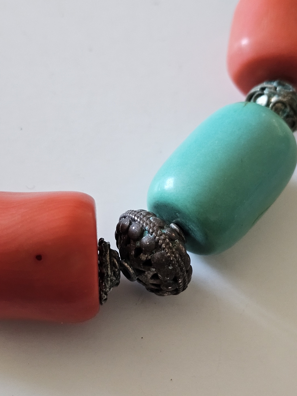 Vintage Tibetan Style Necklace – Dyed Coral & Turquoise Barrel Beads - Picture 6 of 14
